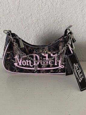 Von Dutch Shoulder Bag Green Pink Camo Print W/Charms Logo NEW